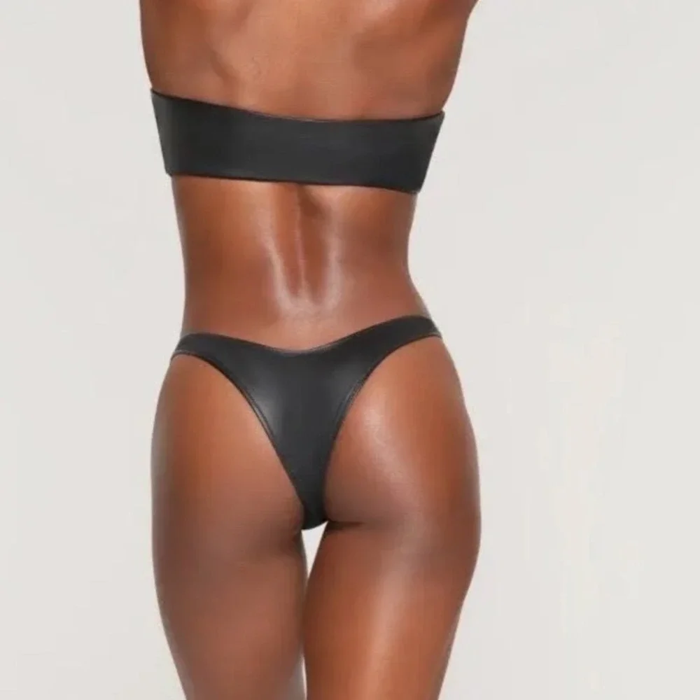 Skims Pleather Micro Tanga Bikini Bottom Onyx Black Faux Leather Swim Size M